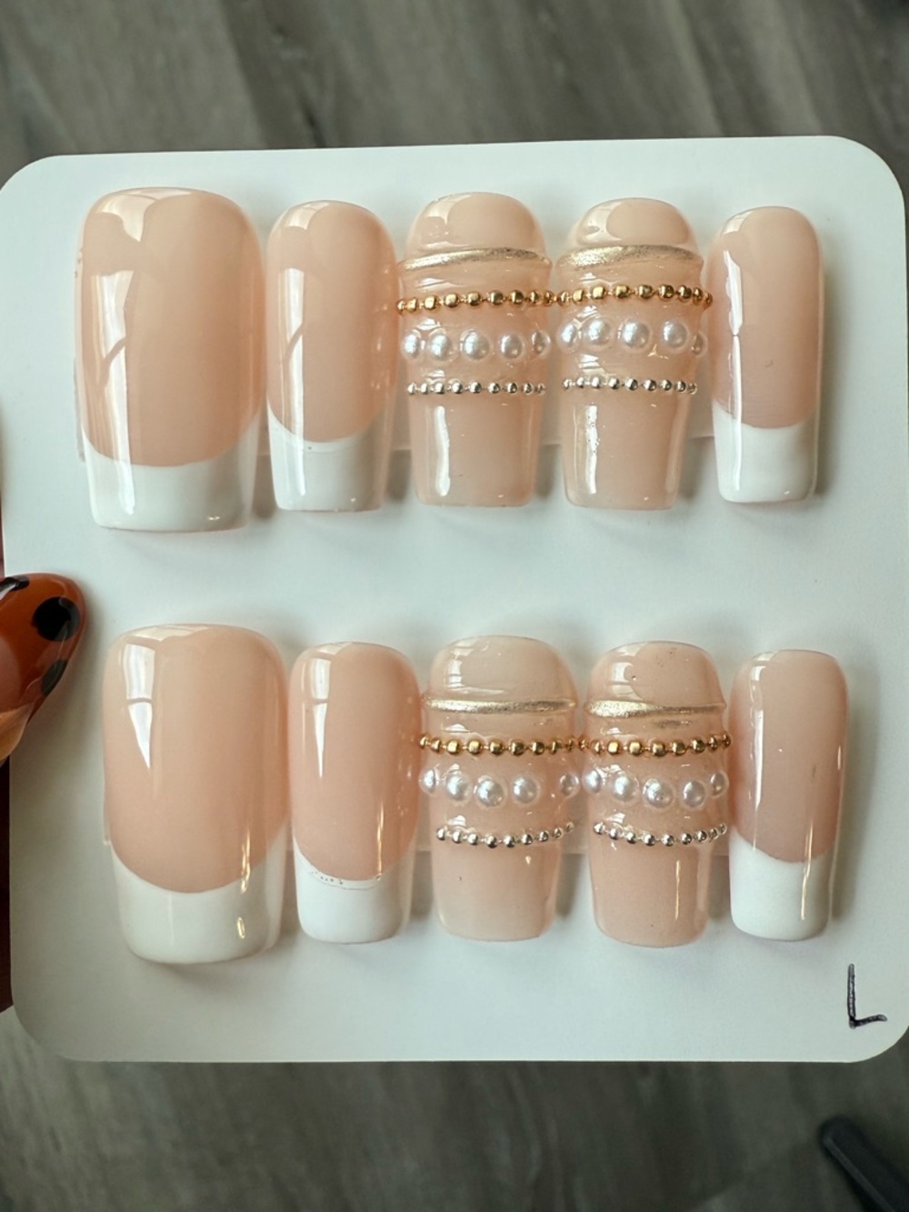 Nude Pink Pearl & Gold Accent Press-On Nails — Elegant French Tips